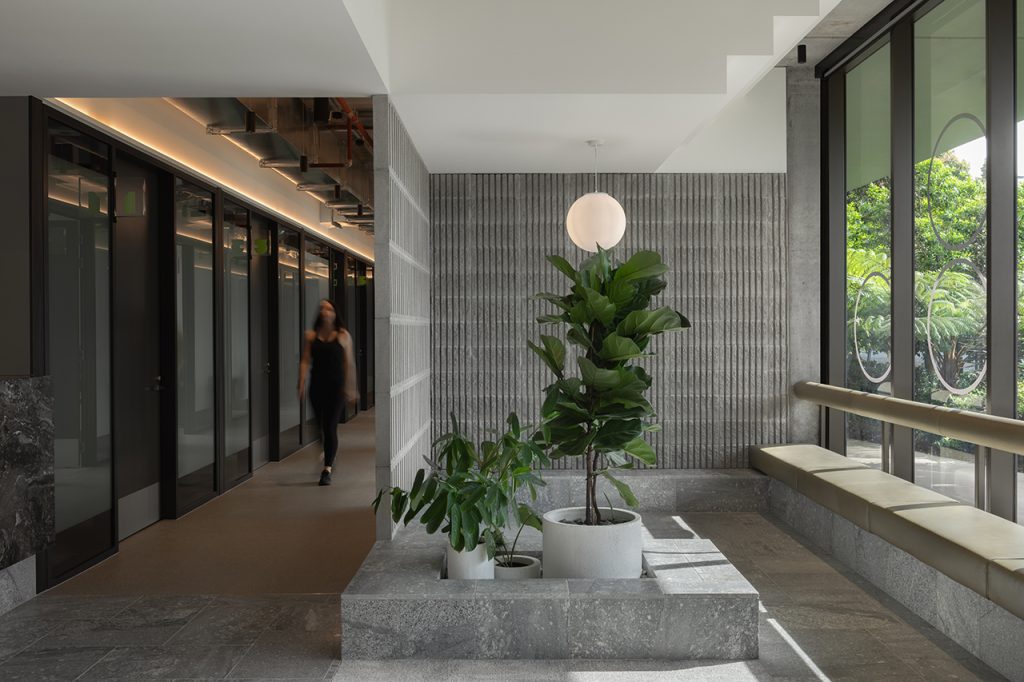 A modern office lobby features plants, benches, and textured walls.